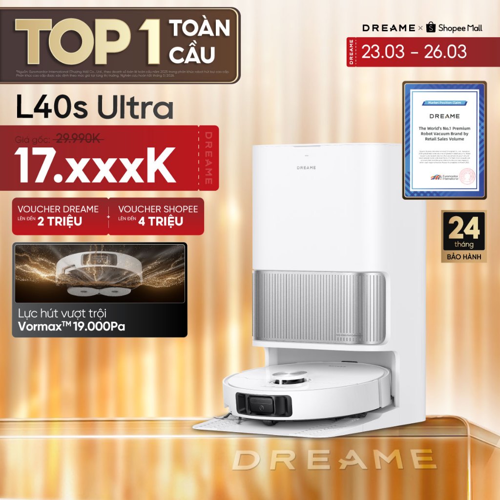 Dreame L40 Ultra - Robot hút bụi lau nhà với công suất 11.000 Pa và bình chứa nước 4.500 mL