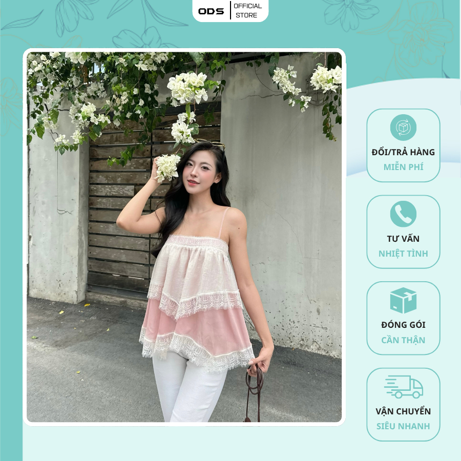 Áo Dây Tơ Hồng Cam ODS thiết kế 2 dây thân 2 lớp vạt nhọn, viền ren trắng, đan dây sau - JD11