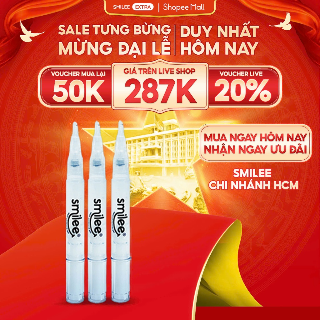[GIÁ 279K TẠI LIVE SHOP] Bộ 3 bút gel làm trắng răng Smilee, làm trắng răng bật 2-6 tone tại nhà an toàn hạn chế ê buốt