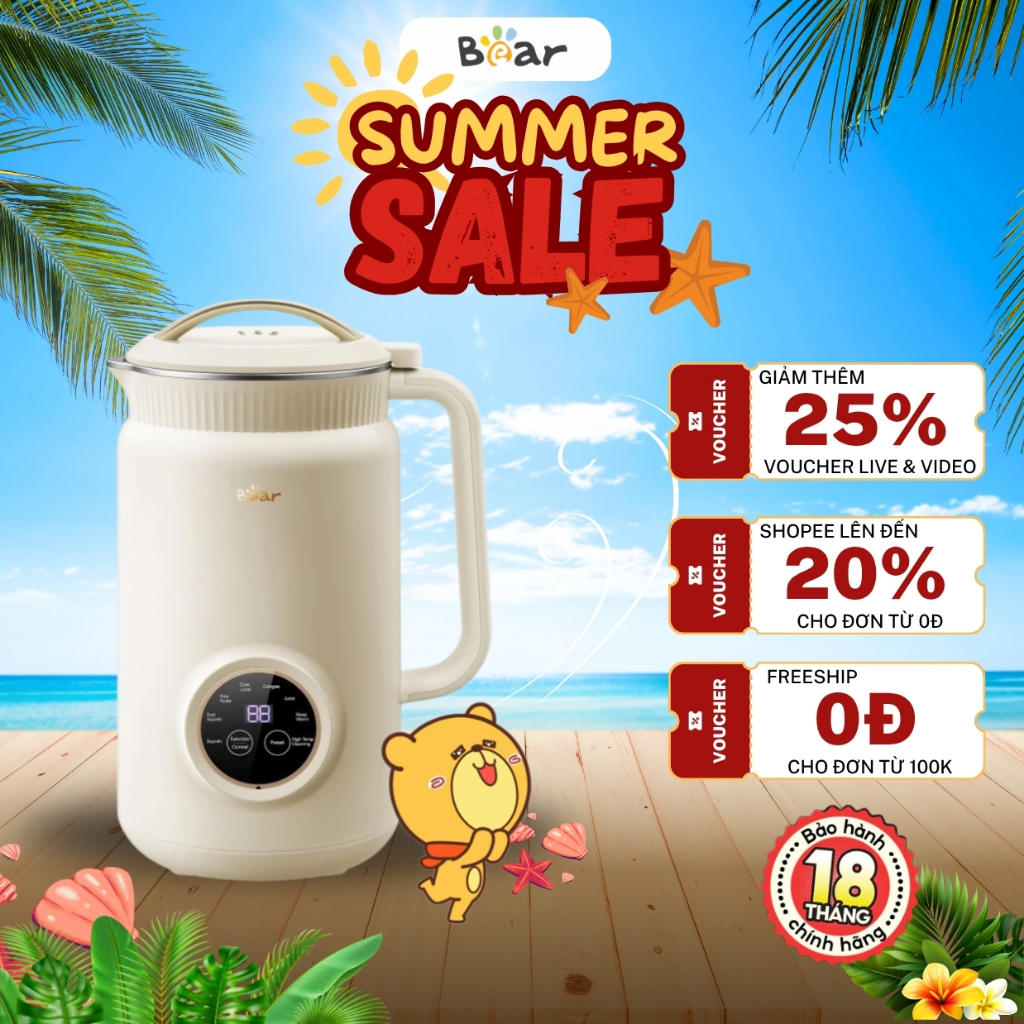 Máy làm sữa hạt 1L Bear DJJ-D06W5 (SMM-4H06S), 8 Chế độ nấu, Lưỡi 10 cánh, Hẹn giờ, Xay sinh tố