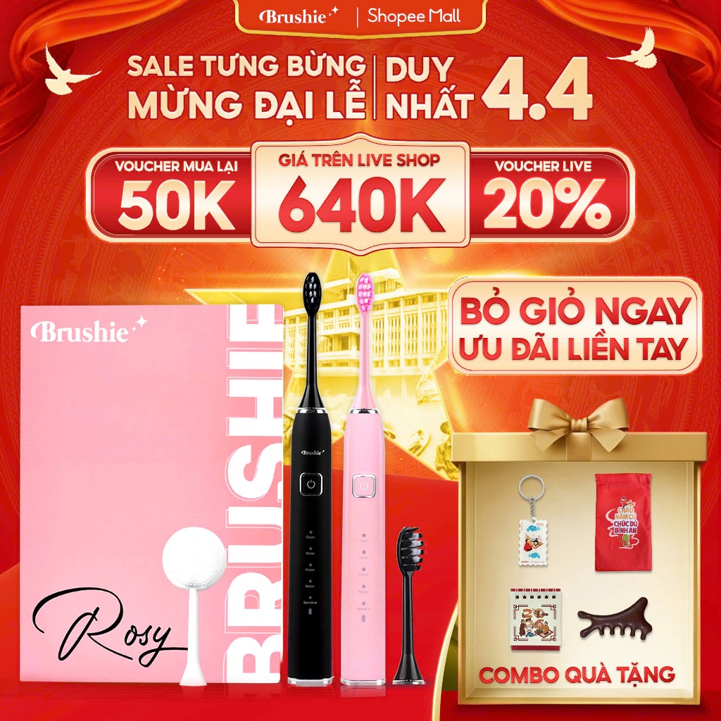 Bàn Chải Điện Brushie - Bàn Chải Điện Xoay Tròn, 3 Mô Hình Làm Sạch, Đen, Hồng, Xanh