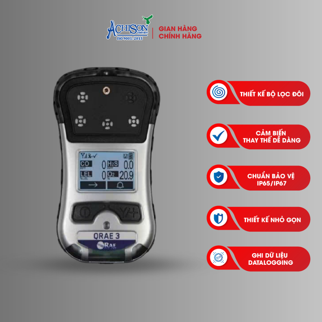 Máy Dò Khí QRAE 3 PGM-2500 | Máy Đo 4 Khí O2, CO, H2S, LEL Cảnh Báo An Toàn