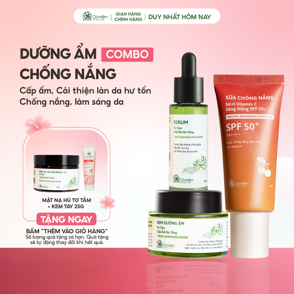 Bộ Chăm Sóc Da 3 Bước Sữa Chống Nắng Sơ-ri Vitamin C Serum Kem Dưỡng Cấp Ẩm Đa Tầng Tơ Tằm Cỏ Mềm