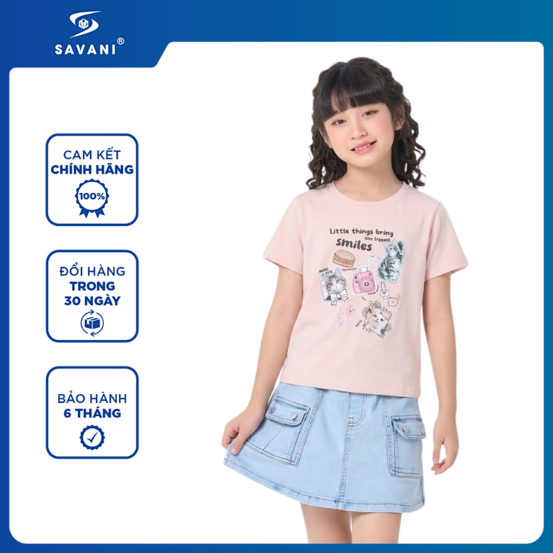 Áo Thun Ngắn Tay Bé Gái SAVANI, Chất Cotton Mềm Mịn, Thoáng Mát, In Hình Cute Dễ Thương GTSA128S6