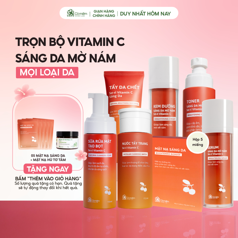Trọn Bộ Chăm Sóc Da Vitamin C Ngừa Nám Sáng Da Chiết Xuất Sơ Ri Cỏ Mềm