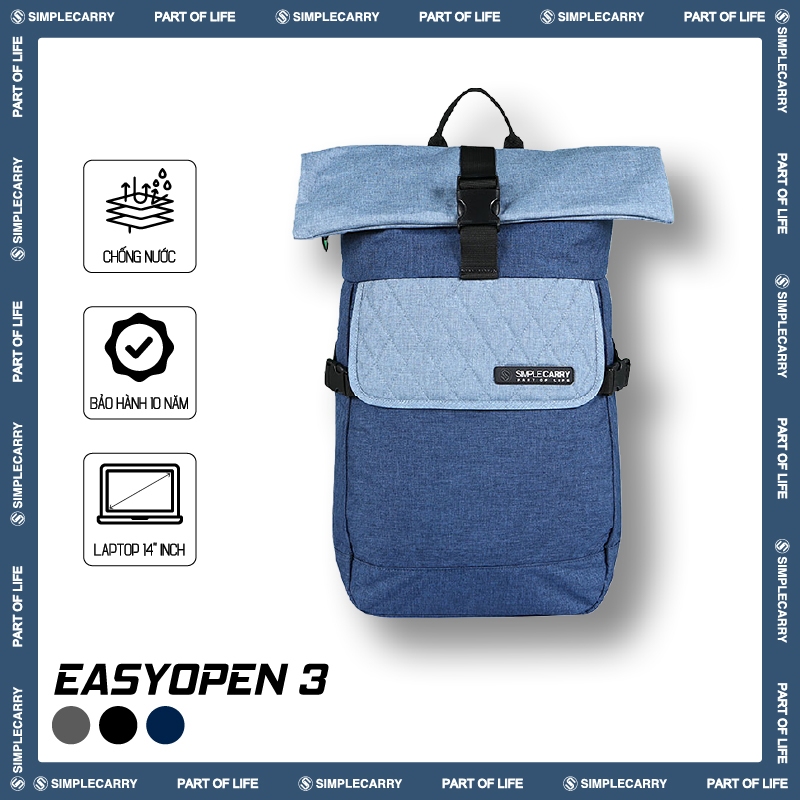 Balo Nam Nữ Hàn Quốc SimpleCarry Easyopen 3 Đi Học Đi Chơi, Đựng Vừa Laptop 14 Inch