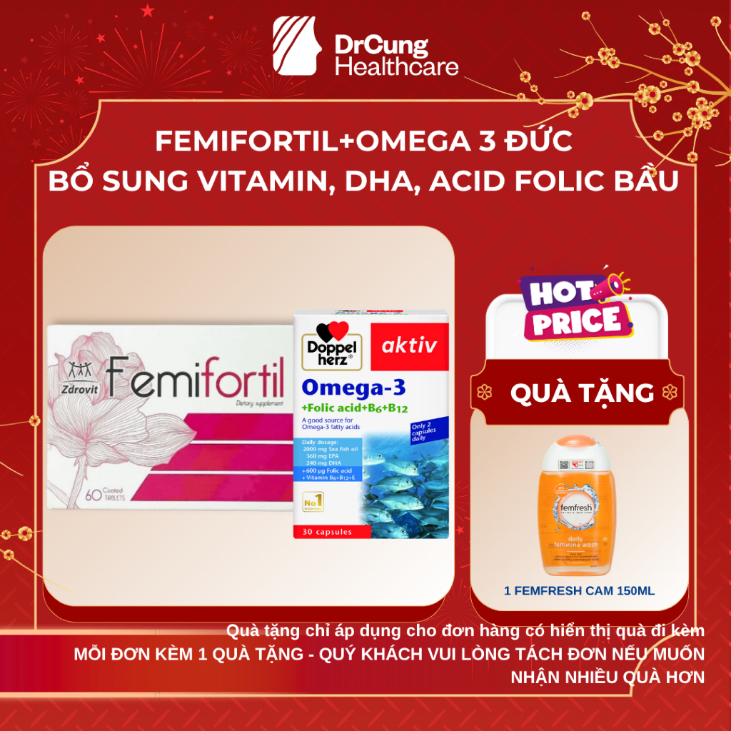 COMBO Femifortil, Dầu Cá Omega 3 DrCung Healthcare - Vitamin Tổng Hợp, Giảm Mệt Mỏi
