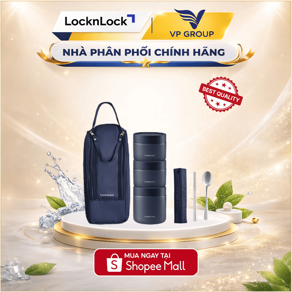 Bộ hộp cơm giữ nhiệt LocknLock Hàng chính hãng (300ml*2, 500ml*1, bộ đũa và thìa, túi)  LHC8052S01 -