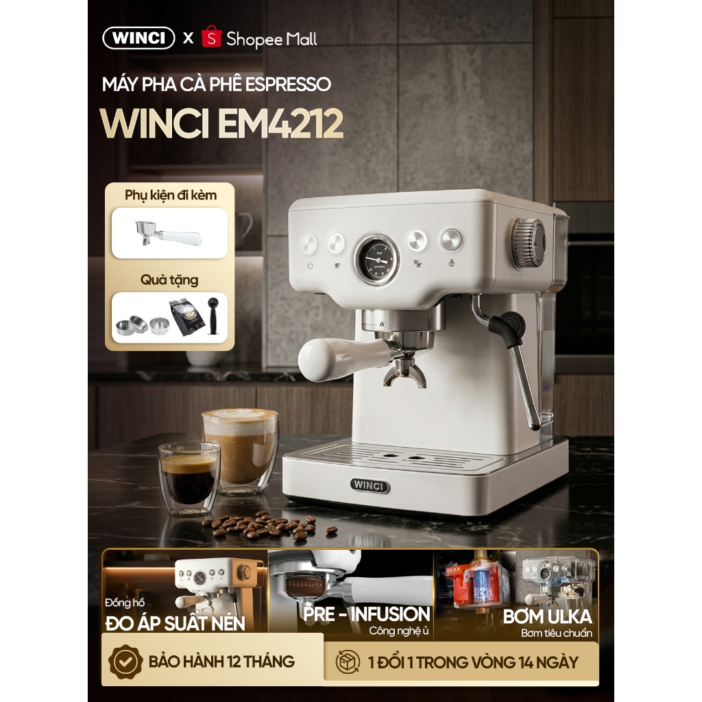 [Bao Gồm VAT] Máy pha cà phê Espresso Winci EM4212, vòi đánh sữa pha latte, cappuccino. Bảo hành 1 n