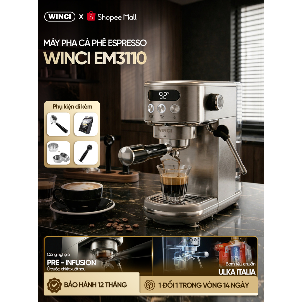 [Bao Gồm VAT] Máy pha cà phê Espresso, Capuchino, Latte Winci EM3110, bảo hành 12 tháng