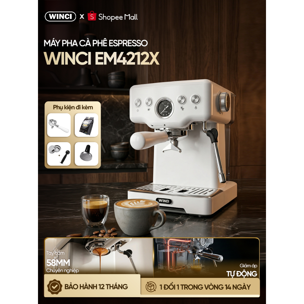 [Bao Gồm VAT] Máy pha cà phê Winci 4212X Pro, bản nâng cấp tay cầm 58mm. Bảo hành 1 năm chính hãng