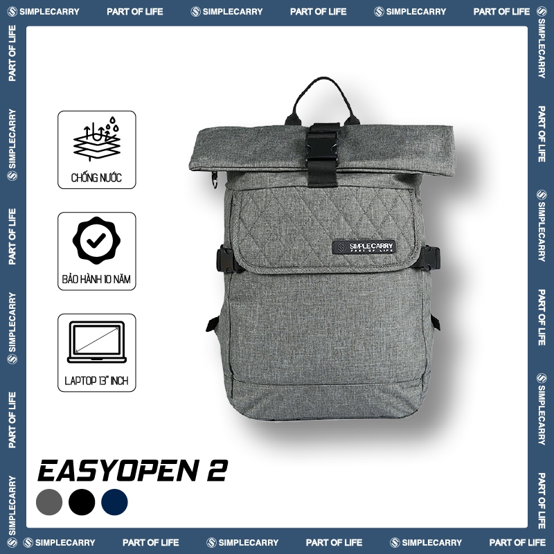 Balo Hàn Quốc SimpleCarry EasyOpen 2 Đựng Vừa Laptop 13 Inch, Vải Trượt Nước Cao Cấp