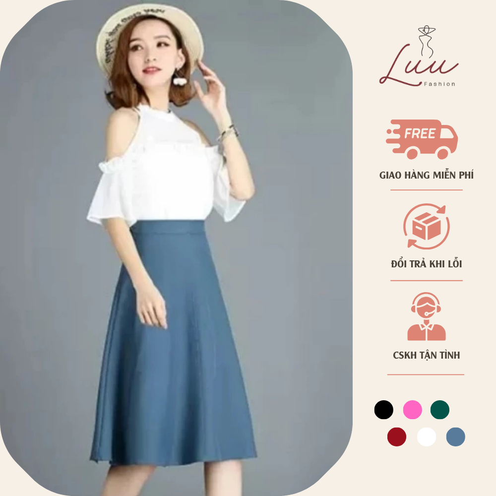 Chân váy xòe gân dài 60cm (có túi) chất liệu Vitex full màu - Luu fashion