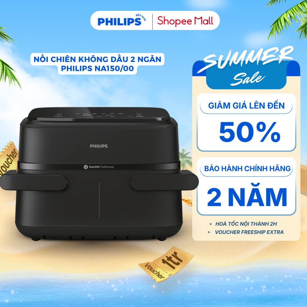 Nồi Chiên Không Dầu 2 Ngăn PHILIPS NA150/00 (2450W - 7.1L) Vách Ngăn Tháo Lắp Dễ Dàng, Tiện Lợi