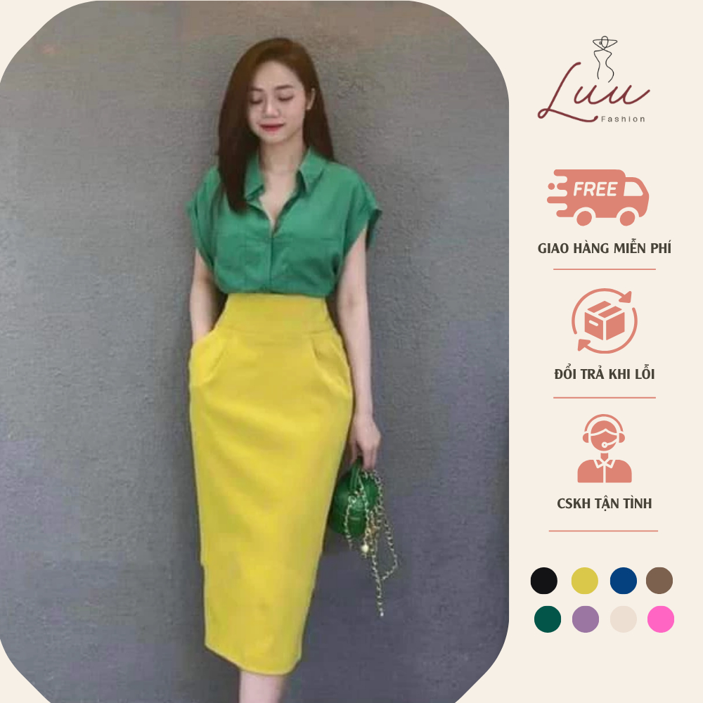 Chân váy cạp bản to dáng BomBer dài 75cm có túi chéo 2 bên sườn - Luu fashion