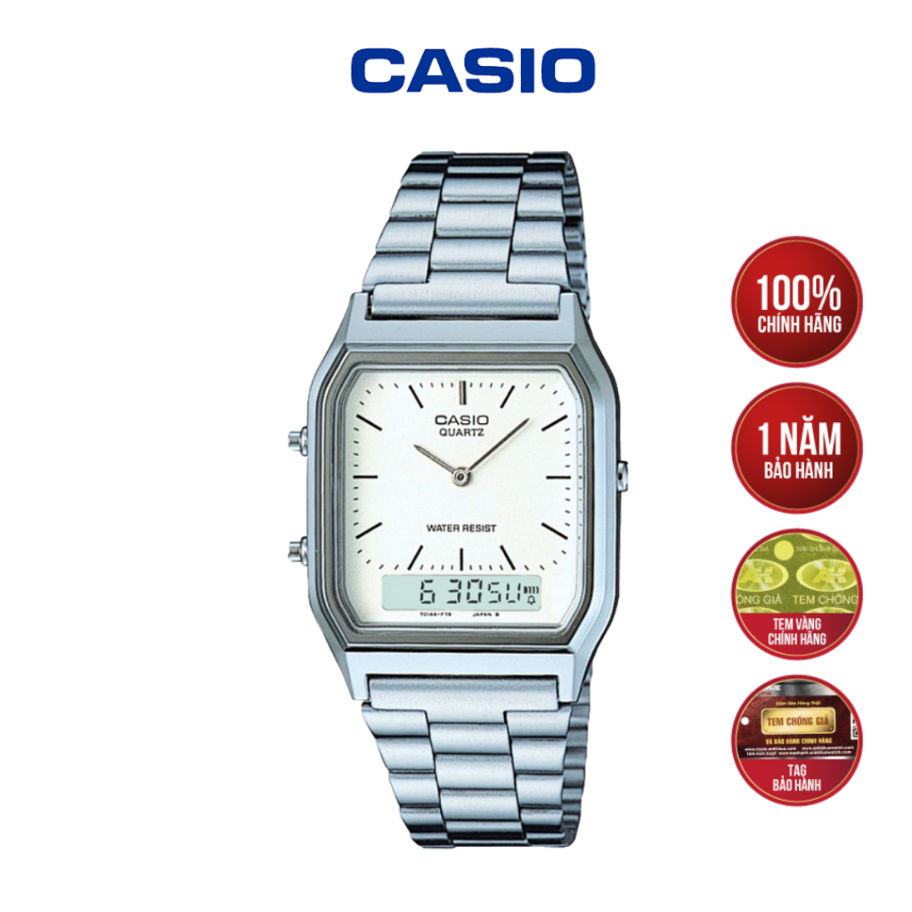 Đồng Hồ Casio Vintage AQ-230A-7DMQ Mặt Trắng, Dây Kim Loại - Hàng Chính Hãng