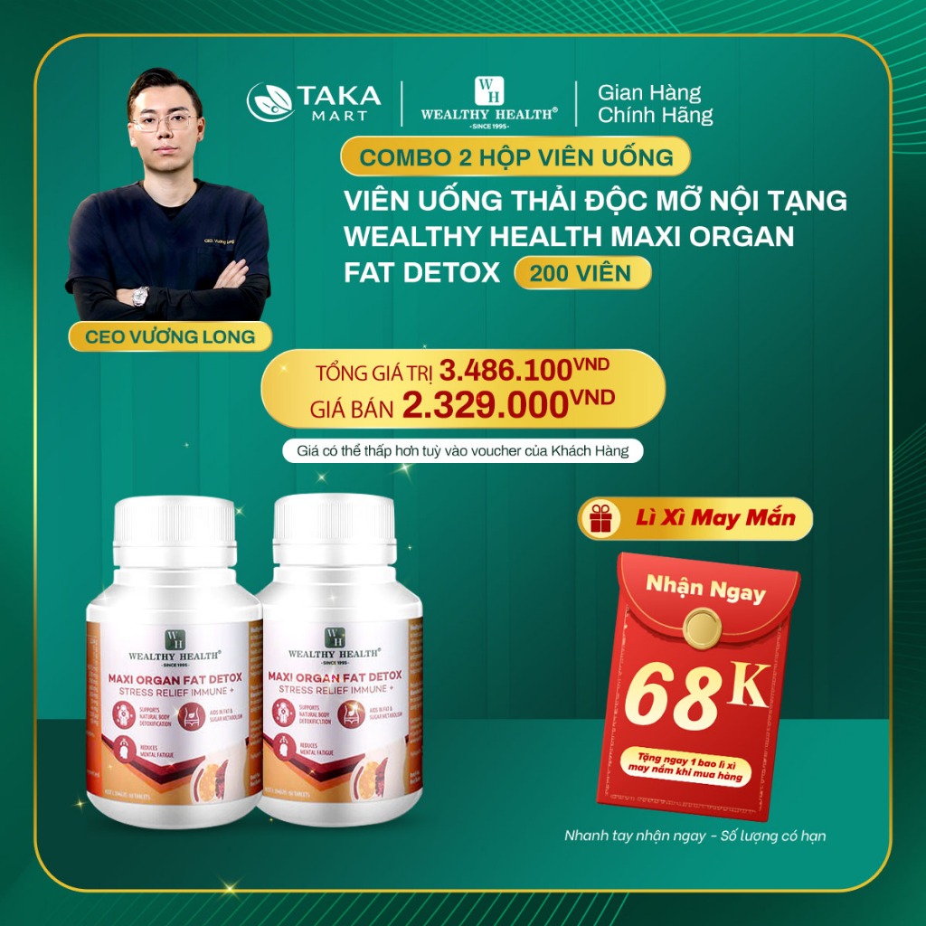 Combo 2 Hộp Viên Uống Thải Độc Mỡ Nội Tạng, Wealthy Health Maxi Organ Fat Detox Cơ Thể (120 Viên)
