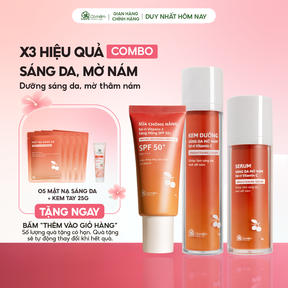 Bộ Chăm Sóc Da 3 Bước Chống Nắng Dưỡng Sáng Da Mờ Thâm Nám Tàn Nhang Sơ-ri Vitamin C Cỏ Mềm