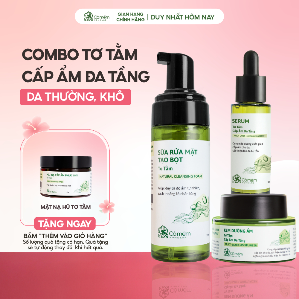 Bộ Chăm Sóc Da 3 Bước Sữa Rửa Mặt Làm Sạch Sâu Serum Kem Dưỡng Cấp Ẩm Tơ Tằm Cỏ Mềm