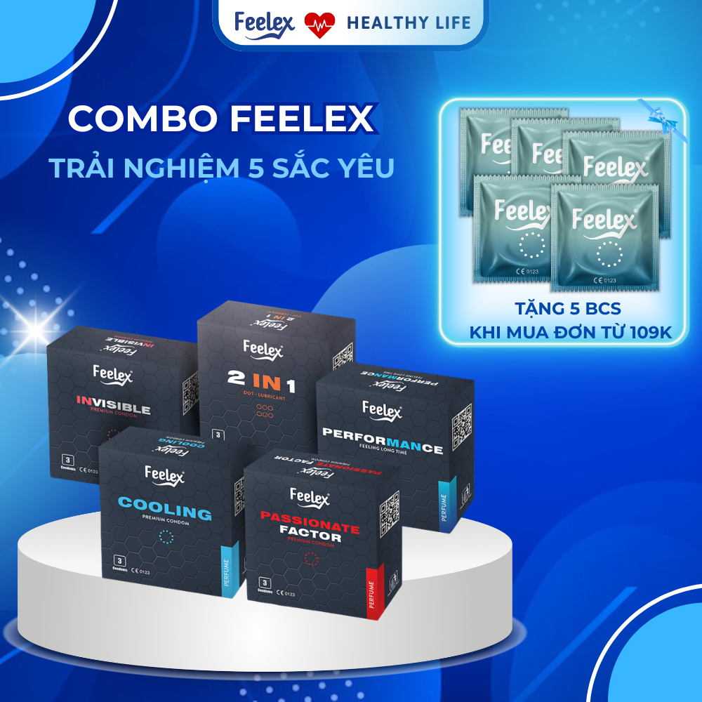 Combo 5 hộp bao cao su Feelex nhiều gel bôi trơn, siêu mỏng - 15 chiếc bcs