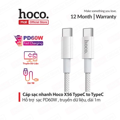 Cáp sạc nhanh PD60W Type-C to Type-C Hoco X56 hỗ trợ truyền dữ liệu, dây bọc dù chống đứt, gãy gập. dài 1M