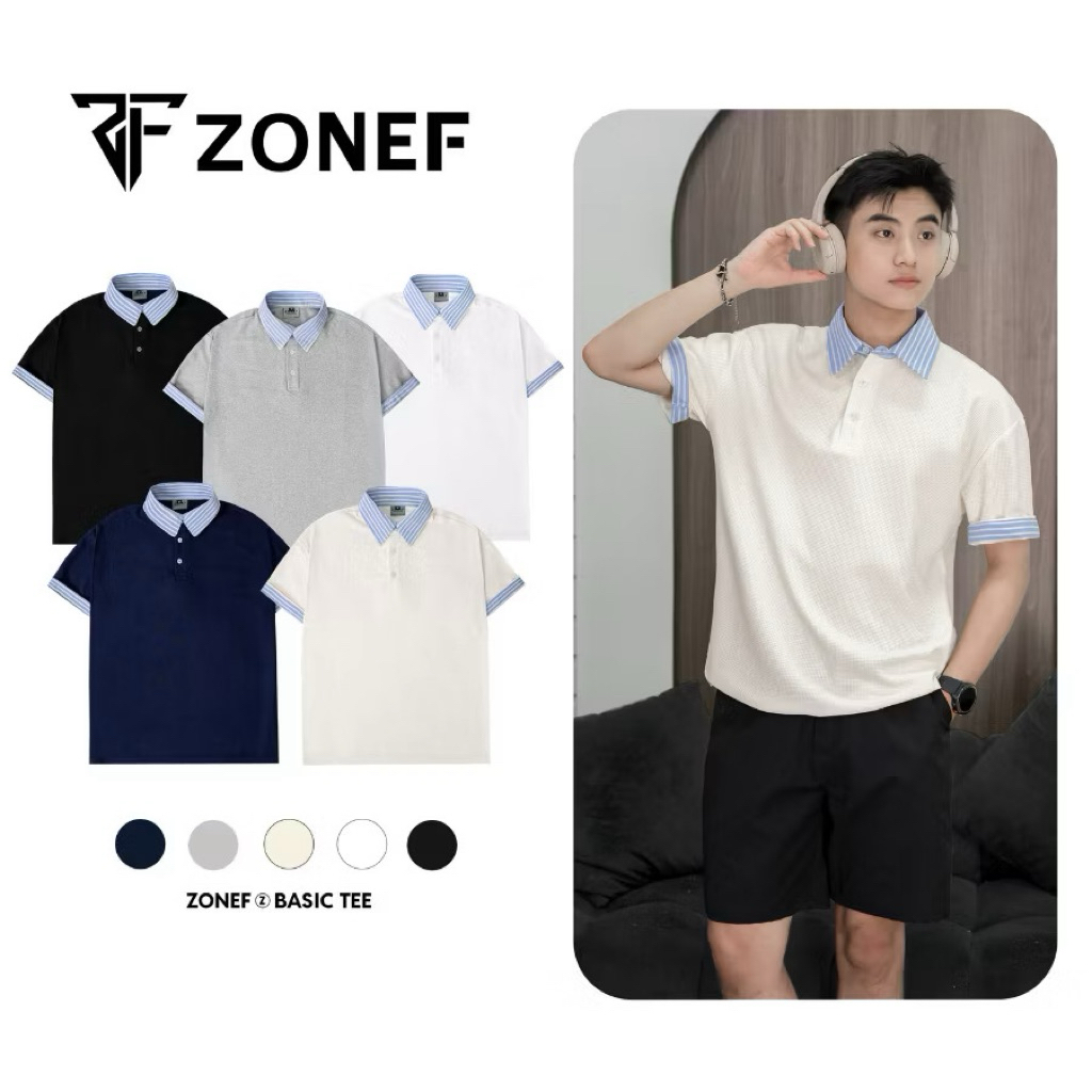 Áo Polo Ngắn Tay Phối Sơ Mi ZONEF STUDIO Kẻ Sọc Xanh Cổ Bẻ Nam Nữ Unisex Vải Cotton Tổ Ong Cao Cấp T