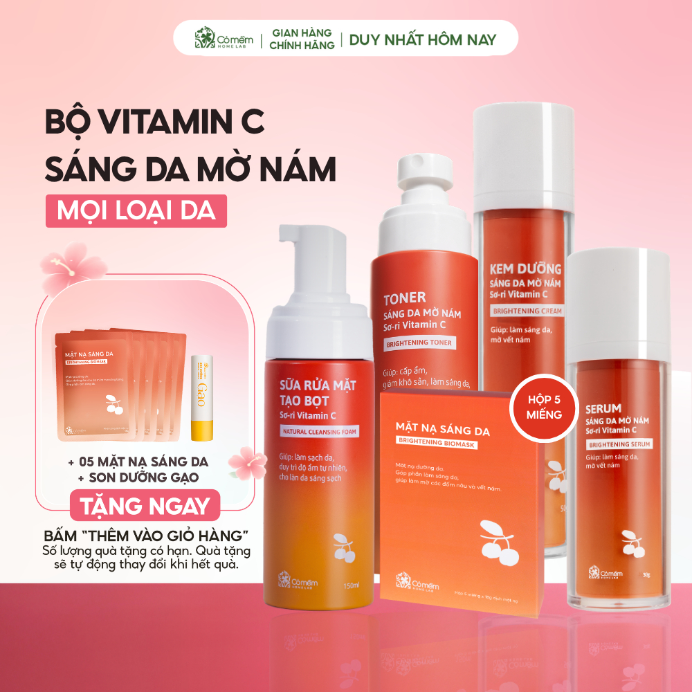 Bộ Chăm Sóc Da Vitamin C Ngừa Nám Sáng Da Chiết Xuất Sơ Ri Cỏ Mềm