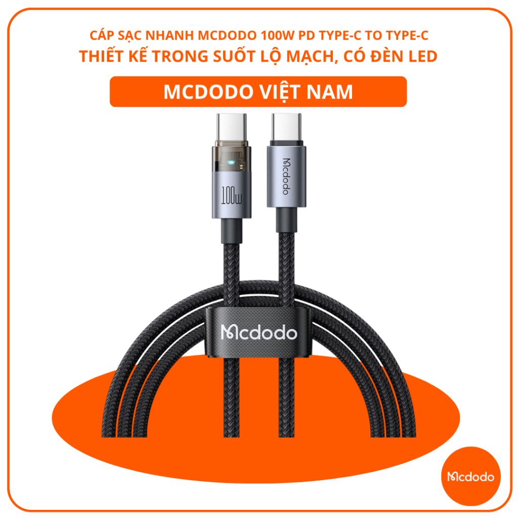 Cáp Sạc Nhanh Mcdodo 100W PD Type-C to Type-C | Thiết Kế Trong Suốt Lộ Mạch, Có Đèn LED