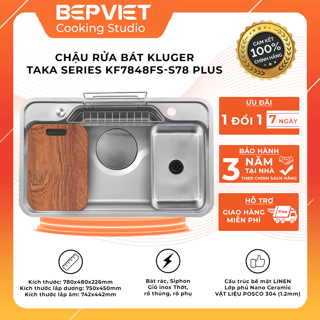 [Tặng kèm vòi dây rút] Chậu rửa bát Kluger Taka Series KF7848FS Basic