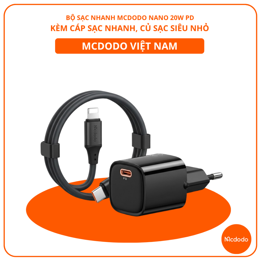 Bộ Sạc Nhanh Mcdodo Nano 20W PD | Kèm Cáp Sạc Nhanh, Củ Sạc Siêu Nhỏ