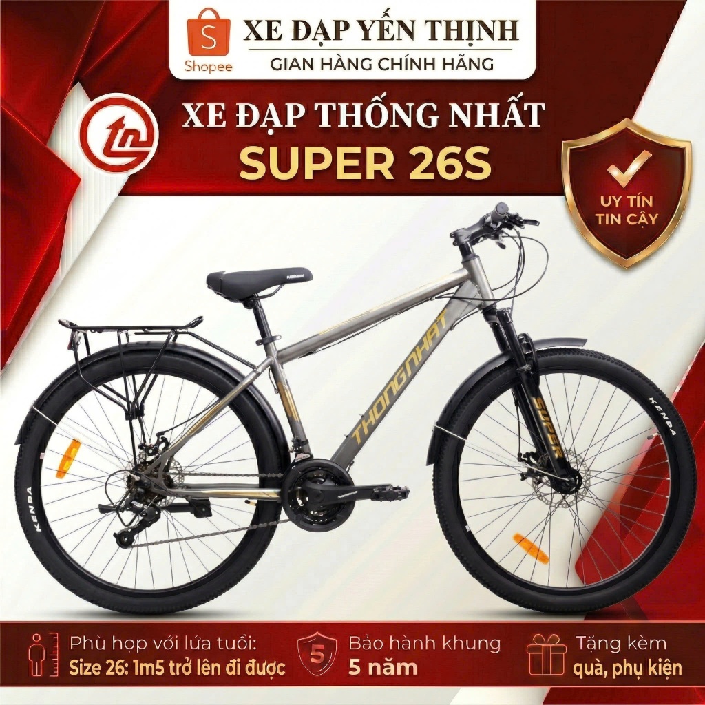 XE ĐẠP THỂ THAO THỐNG NHẤT SUPER 26S size 26" (tặng: đèn sạc, khóa dây, giá nước, dầu tra, lục giác)