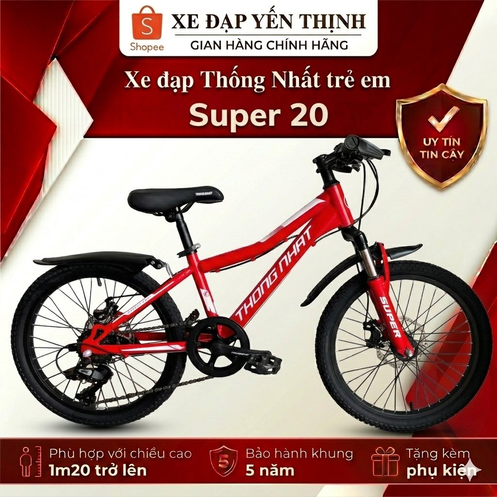 XE ĐẠP TRẺ EM THỐNG NHẤT SUPER 20 (tặng: chuông, phản quang, dầu xích, đồ lắp)