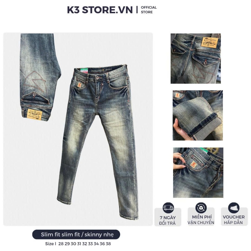 [K3 STORE VN] Quần Jean 3K DENIM Guangzhoz Dài Màu Xanh RETRO Was Dơ Túi Bầu 3KM10-J3927