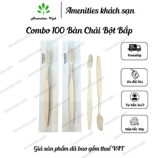 Combo 100 bàn chải bột bắp BC47 kèm kem túi trăng sữa dùng cho khách sạn, homestay, ressort, villa,...
