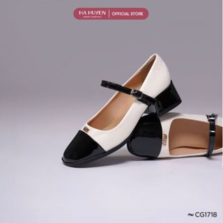 Giày cao gót nữ, giày mary jane HÀ HUYỀN da lì ô trám mũi bóng đính chữ gót vuông 3cm - CG1718