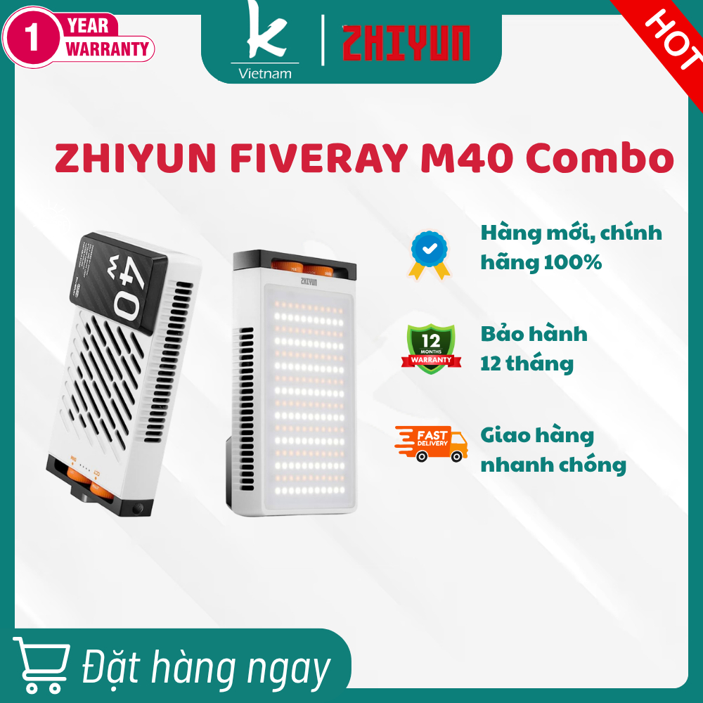 ZHIYUN FIVERAY M40 Combo - Đèn LED Công Suất 40W, Tích Hợp Pin Sạc 2600mAh - Hàng chính hãng