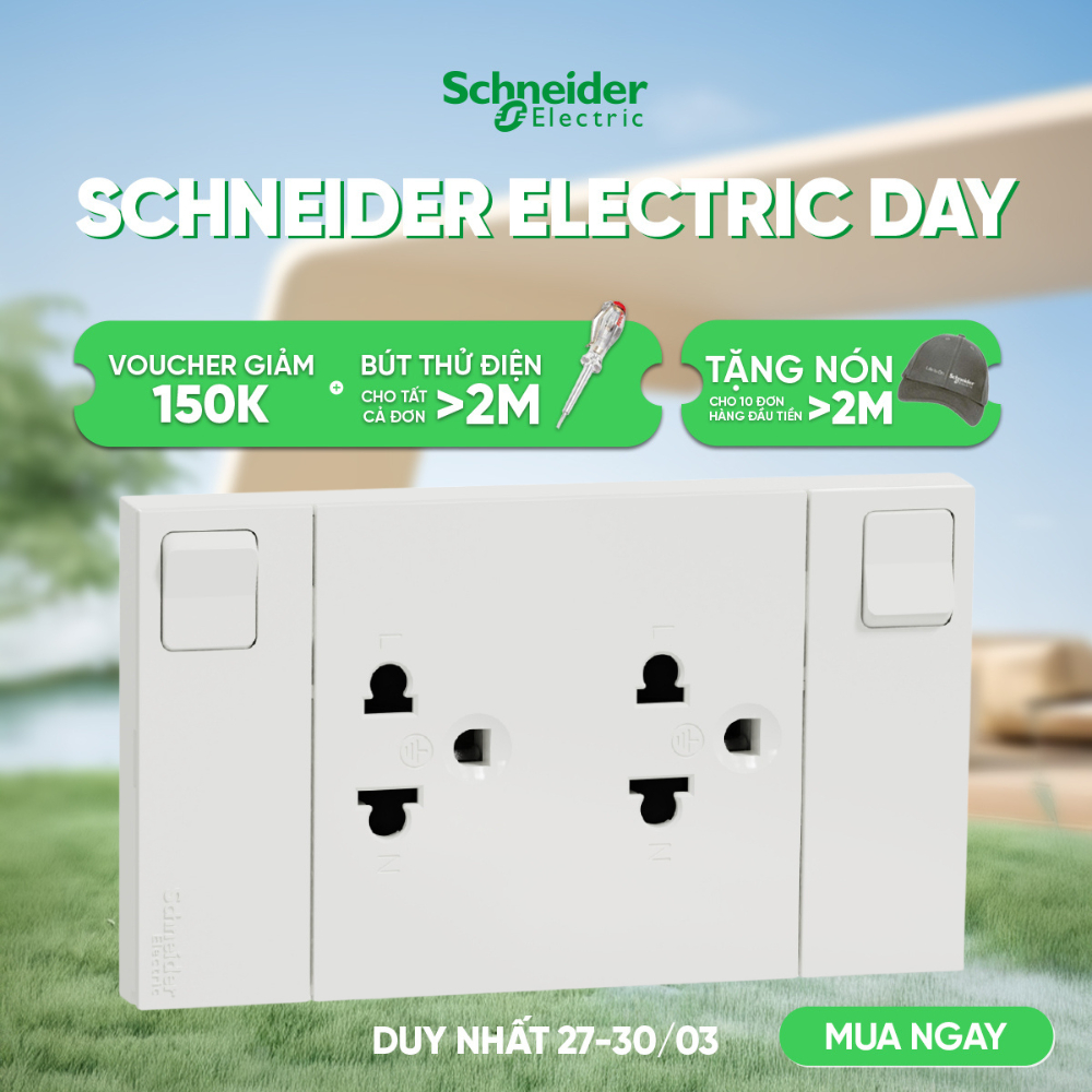Bộ ổ cắm đôi 3 chấu Cắm Nhanh - 16AX - có công tắc - IP20 - Schneider Electric - M3T_SIS_WE