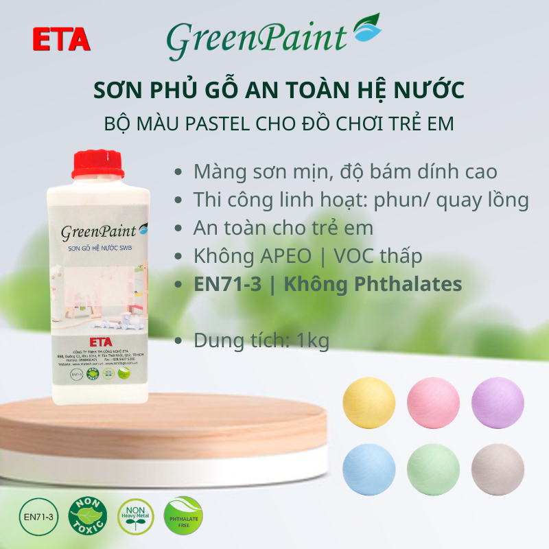 Sơn đồ chơi gỗ ETA hệ nước – Bộ màu Pastel – An toàn EN71-3 – Bán Bóng - 1kg