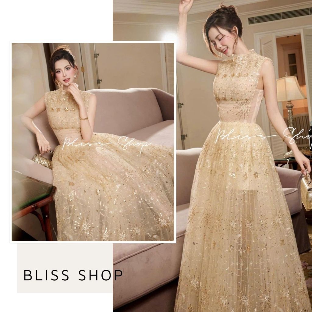 [Thiết Kế Cao Cấp] Đầm Váy Xòe Dáng Dài Họa Tiết Kim Sa Sang Chảnh Dự Tiệc Bliss Shop - V823