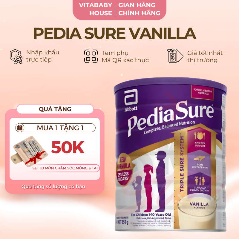[DATE T6/2026] Pediasure Úc Hương Vanilla Nắp Tím Dành Cho Bé 1-10 Tuổi Phát Triển Sức Khỏe Toàn Diện 850G