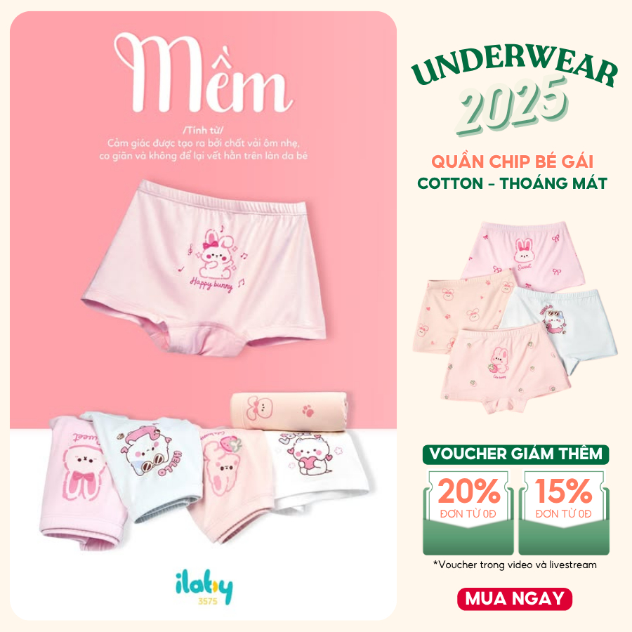 [ILABY 12-36kg] Quần lót kháng khuẩn bé gái, quần chip đùi bé gái cotton thoáng khí [3575]