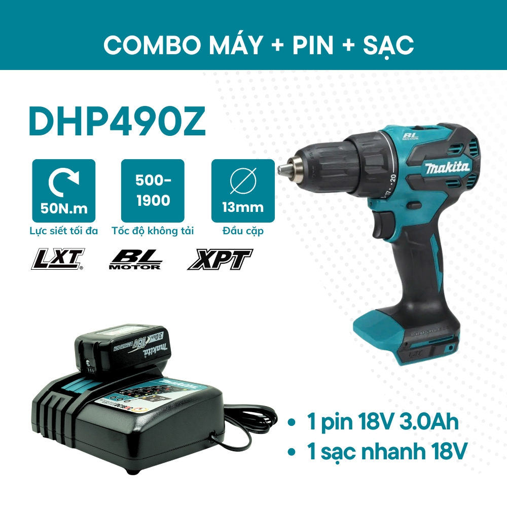 Combo Máy Khoan Búa Makita DHP490z + 1 Pin 18v 3.0ah + 1 sạc nhanh 18V