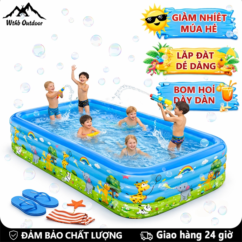 WTHB Outdoor Bể bơi phao 3 tầng gấp gọn cho bé，đáy bể bơi 2 lớp chống trơn trượt hồ bơi bơm hơi