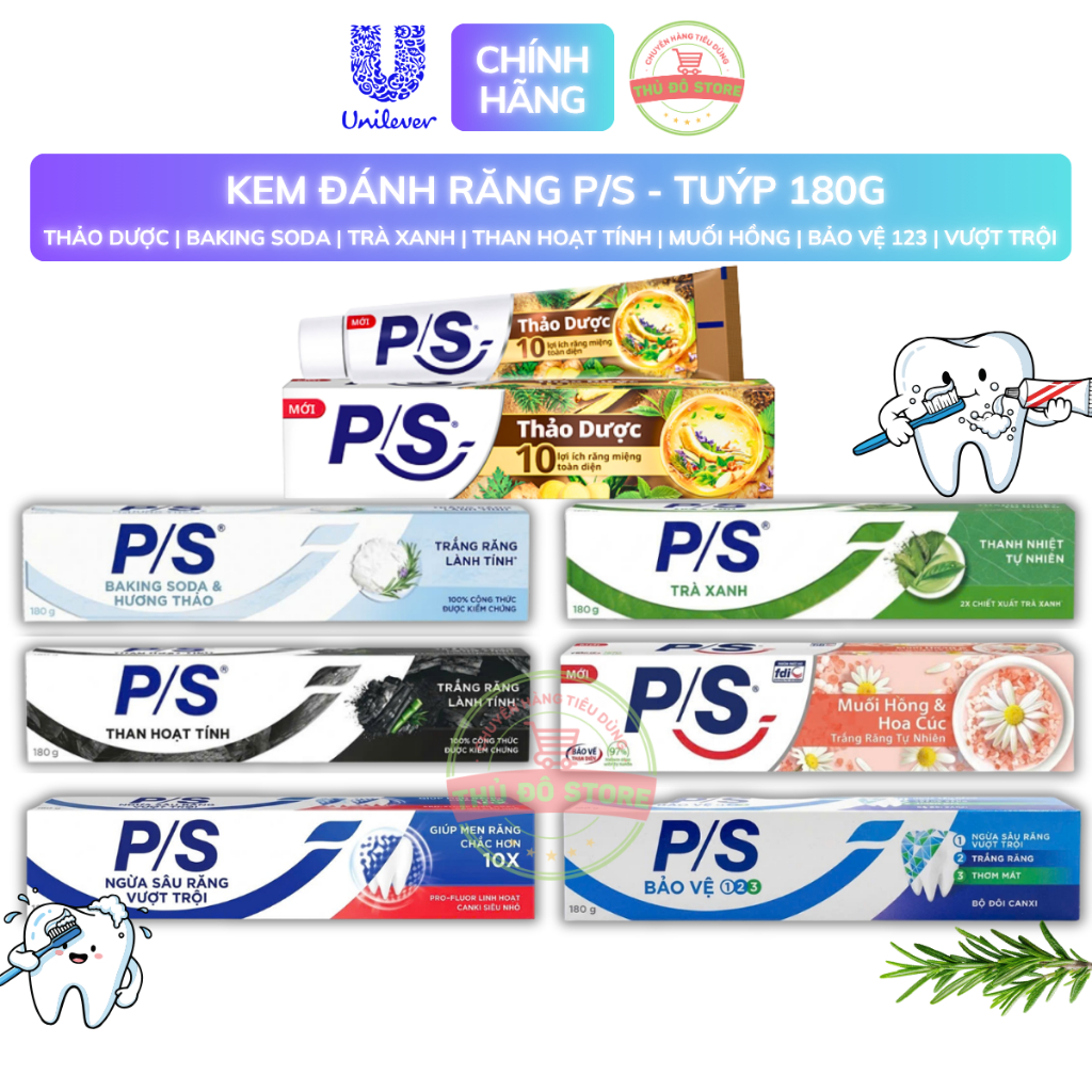 Kem Đánh Răng P/S Trắng Răng Trà Xanh | Than Hoạt Tính |Baking Soda| Muối Hồng | Bảo Vệ 123 | Ngừa S
