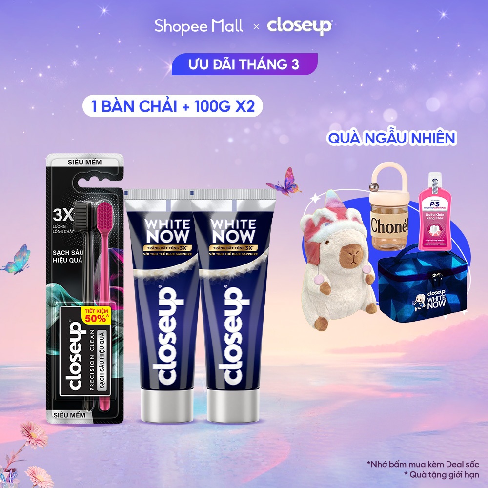 Bộ 2 Kem Đánh Răng và Bàn Chải Closeup - White Now Răng Trắng bật tông 3x Tức thì 100g và Precision Clean siêu mềm