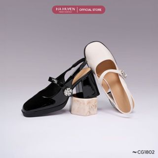 Giày cao gót tiểu thư mary jane nữ HÀ HUYỀN da bóng quai dán hoa đá quai hậu gót vuông 6cm - CG1802