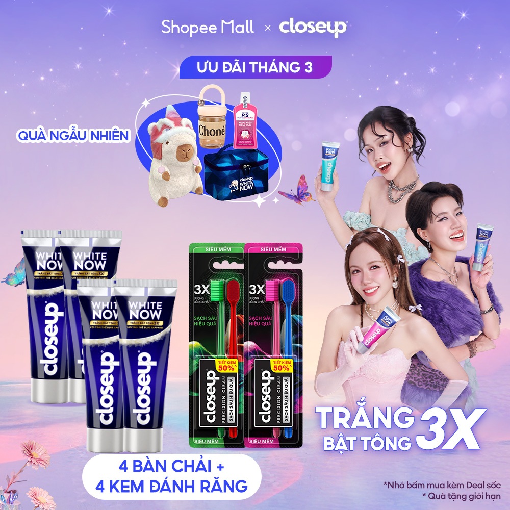 Bộ 4 kem Đánh răng Closeup White Now + Bộ 4 bàn chải Closeup Precision