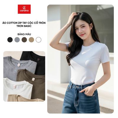 Áo thun nữ CARDINA chất liệu Cotton zip tay cộc cổ tròn basic  6ATC16