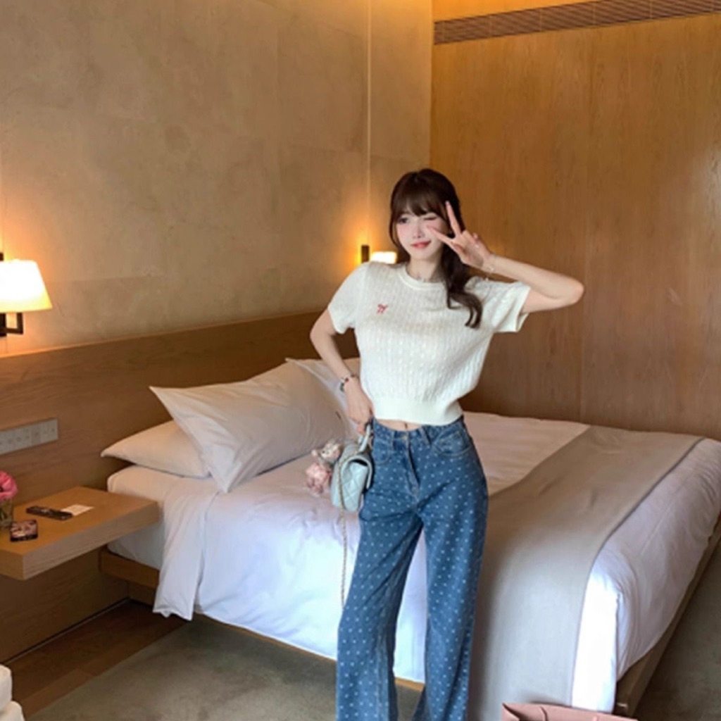 Áo thun cổ tròn tay ngắn thêu nơ Quảng Châu 2027 Aline Store