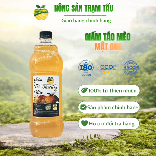 (Chai 1L) Giấm Táo Mèo Mật Ong Hỗ Trợ Giảm Cân Tiêu Hóa Tốt Đạt Tiêu Chuẩn ISO 22000